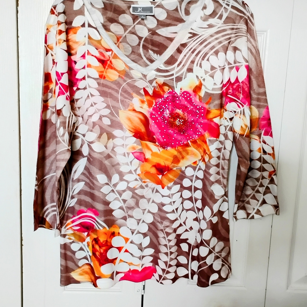 JM Collection Multicolor Floral V-Neck Blouse Size Large
